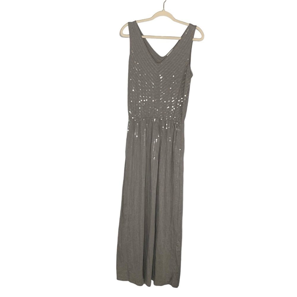 Garnet Hill gray taupe sequined double v-neck sleeveless maxi dress. EUC Size M